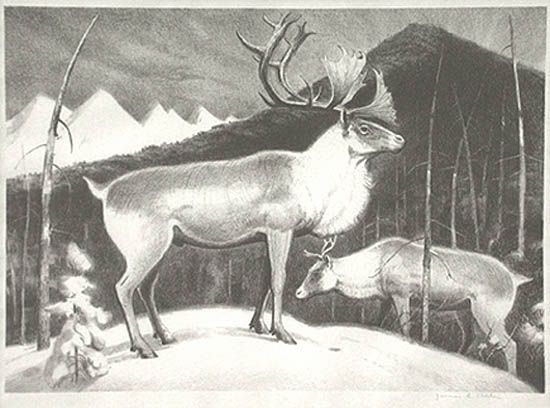 James Edward Allen - Caribou Two Caribou in a Snowy Mountain Landscape