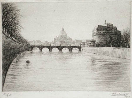 Antonio Carbonati - Il Tevere col Ponte e Castel Sant Angelo Roma The Tiber River with the Bridge and Castel Sant Angelo Rome