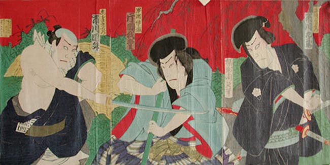 Yoshu Chikanobu - Three Characters in a Kabuki Drama Triptych with Three Actors from a Kabuki Play