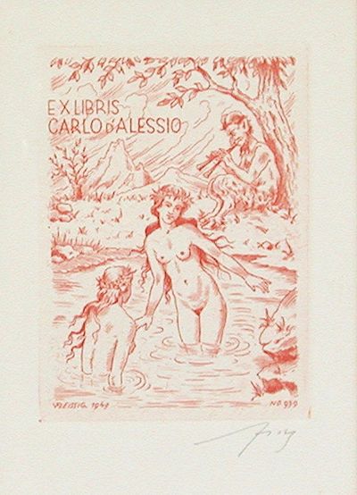 Vitezslav Fleissig - Ex-Libris Carlo d'Alessio Young Women Bathing and a Satyr Playing his Syrinx