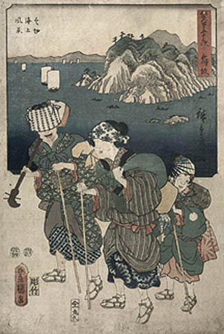 Utagawa Hiroshige I and Kunisada I Toyokuni III - Biwa Hoshi On The Tokaido Road Near Maisaka The Fifty Three Stations of the Tokaido by two Brushes