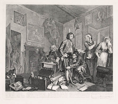 William Hogarth - A Rake's Progress Plate 1 Tom Rakewell's father has just died and he is preparing for the funeral