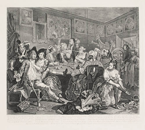 William Hogarth - A Rake's Progress Plate 3 Tom Rakewell has ordered an all night entertainment