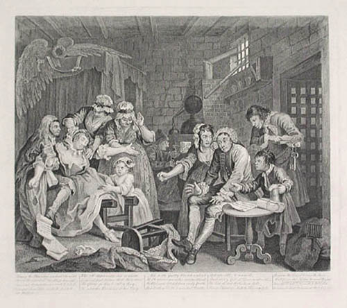 William Hogarth - A Rake's Progress Plate 7 The Rake Tom Rakewell sits dumbfounded in a debtor's prison
