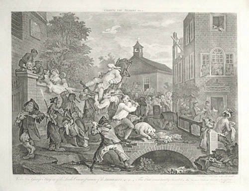 William Hogarth and Francois Antoine Aveline - Chairing the Members - Four Prints of an Election