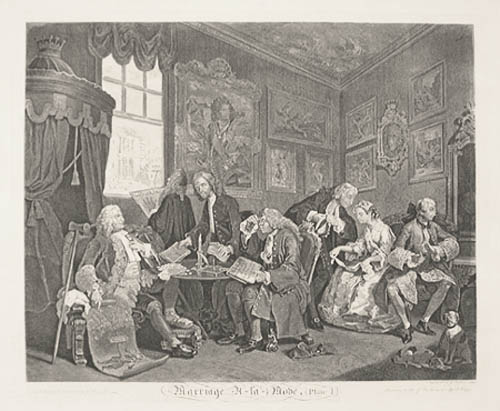 William Hogarth and Louis Gerard Scotin - Marriage a la Mode Plate 1 Lord Squanderfield's Home Negotiations of matrimony for his Son