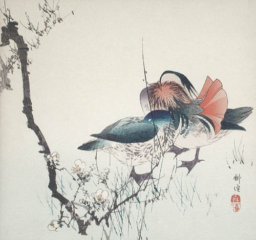 Tsukioka Kogyo - A Waterfowl Study Mandarin Ducks under a Flowering Plum Branch