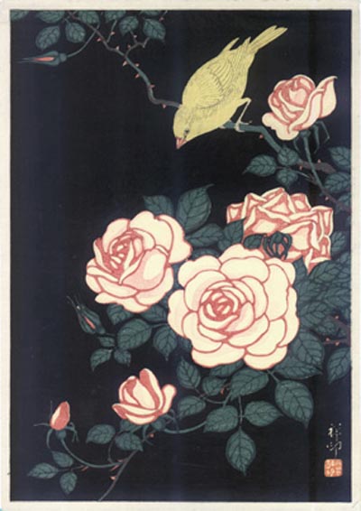 Ohara Koson Shoson - Canary and Roses