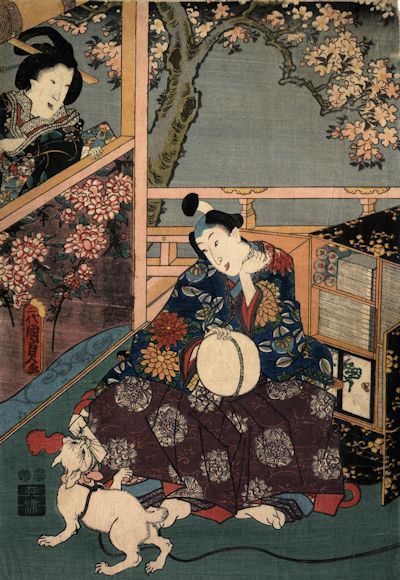 Utagawa Kunisada II - Kashiwagi from The False Murasaki's Rustic Gengi A Spring Scene on The Porch