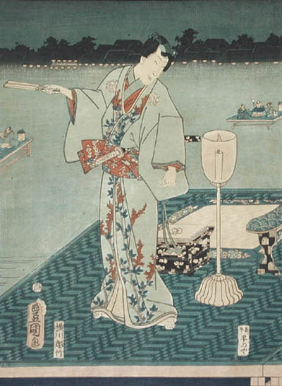 Utagawa Kunisada I - Genji noryo no kei Nobleman With a Fan Banks of the Sumida River Edo