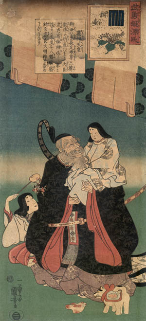 Ichiyasai Kuniyoshi - Paulownia Court Heroic Comparisons for the Chapters of Genji Kiritsubo Buyu nazoraye Genji Takenouchi no Sukune carrying Emperor Ojin