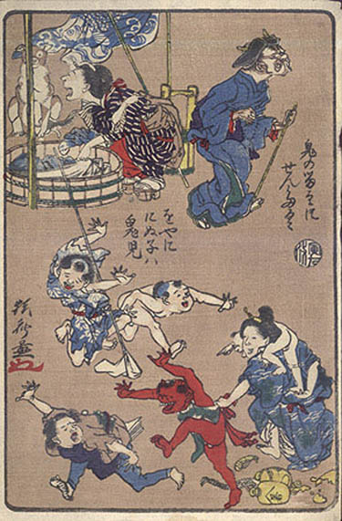 Kawanabe Kyosai Gyosai - Oni no inu ma ni sentaku Doing the Laundry While the Demon is Away Japanese Folklore and Proverbs