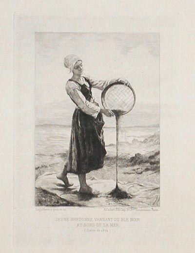 Frederic Auguste Laguillermie - Jeune Bretonne Vannant du Ble Noir au Bord de la Mer, Salon de 1874 Young Bretonne Winnowing Buckwheat at the Seaside
