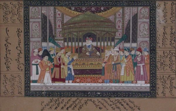 Persian School Artist - A Sultan At His Court Illuminated Miniature Painting