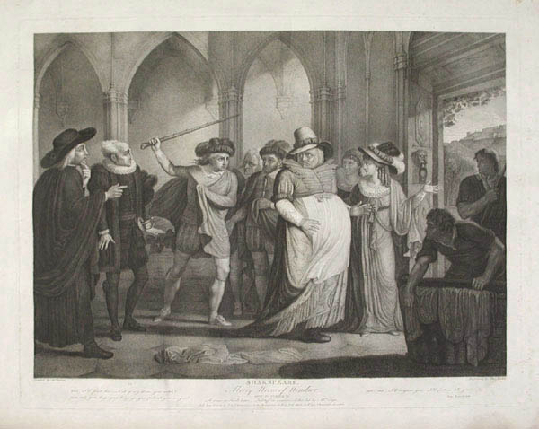 Thomas Ryder and James Durno Merry Wives of Windsor Act IV Scene II A room in Ford's House Falstaff in women's clothes led by Mrs. Page from the Shakspeare Gallery by John Boydell
