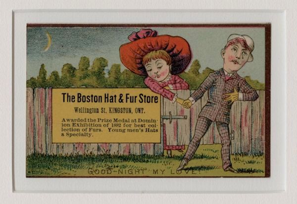 Original Chromolithograph Trade Card Advertiser The Boston Hat and Fur Store Kingston Ontario - Good Night My Love Awarded the Prize Medal at Dominion Exhibiton of 1882