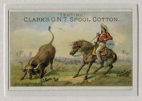 Trade Card Advertiser Clark Thread Co. Newark New Jersey - Testing Clark's O. N. T. Spool Cotton Cowboy Lassoing a Steer