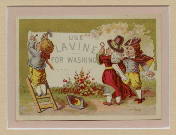 Trade Card Advertiser Hartford Chemical Company Hartford Connecticut - Use Lavine For Washing by the Donaldson Brothers Pilgrim Children Putting up a Broadsheet