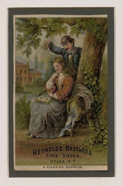 Trade Card Reynolds Brothers Fine Shoes Utica New York - A Pleasing Surprise by Mayer Merkel and Ottmann Lith. New York A Gift of Flowers