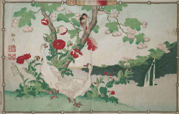 Rinsai Utsushi - Geese under a Flowering Tree Kacho-ga - Depiction of Birds and Flowers