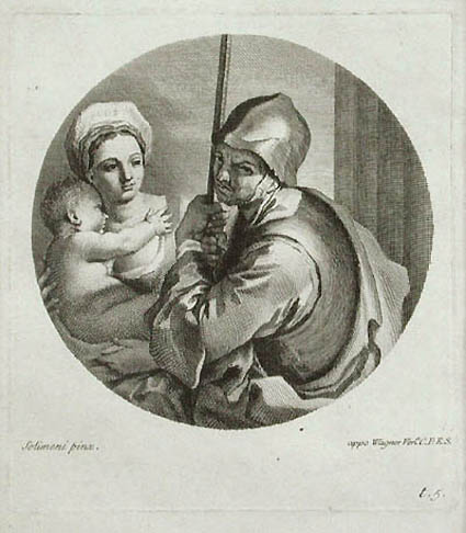 Joseph Wagner and Francisco Solimena - Maria mit dem kinde und dem anbetenden Johannes Mary with the Infant Christ - An Original Engraving