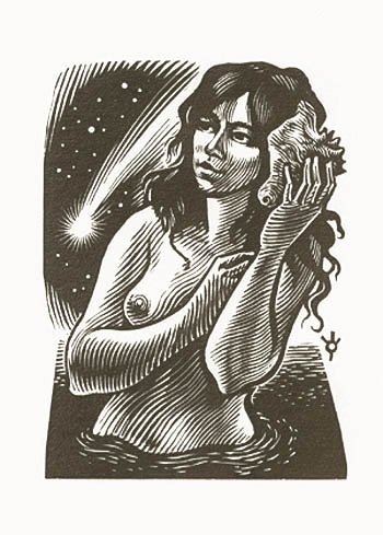 Frank Ivo van Damme - Ex Libris Design Woman with Conch Shell and a Falling Star