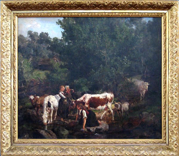 Anders Monsen Askevold - Framed Image - Figures and Cattle by a Forest Stream
