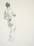 Female Figure Standing with Fist at Back Original Charcoal Pencil Drawing by the American artist Sigmund Abeles
