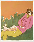 Woman and Cat Original Lithograph by the American artist Harold Baumbach