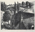 Oast Houses Original Linocut by the British artist J. Harvey Bloom