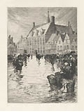 La Place de l'Hotel de Ville a Hondschoote Market Square in the Rain Original Etching and Drypoint Engraving by the French artist Paul Adrien Bouroux