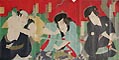 Three Characters in a Kabuki Drama Original Woodcut Triptych by the Japanese artist Yoshu Chikanobu  Triptych with Three Actors from a Kabuki Play published by Matsushita Heibei