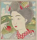 Young Woman Holding a Persimmon by Enomoto Chikatoshi