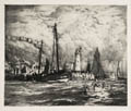 Scarborough Harbour Mouth Original Aquatint Engraving by the British artist Nelson Dawson