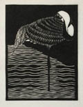 Witnekkraanvogel or White Naped Crane Original Woodcut Original Woodcut by the Dutch artist Samuel Jessurun de Mesquita