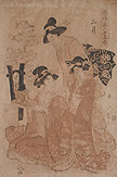 Sangatsu Furyu bijin Gosekku Third Month Fashionable Beauties for Five Festivals A Courtesan and two Kamuro Looking at a Doll Original Woodcut by the Japanese artist Kikugawa Eizan