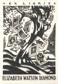 Ex Libris Elizabeth Watson Diamond Landscape with Tree and Swirling Prints Original Wood Engraving by the Australian artist Adrian Feint also listed as Adrian George Feint