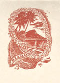 Ex Libris Diamond Tropical Island Palm Trees a Volcano and Lies Original Wood Engraving by the Australian artist Adrian Feint