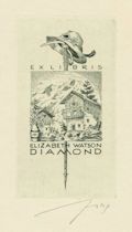 Ex Libris Elizabeth Watson Diamond Alpine Chateau Tyrolean Hat Ice Axe and Mountaineering Original Etching by the Czechoslovakian artist Vitezslav Fleissig