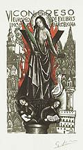 VI Congreso Europeo de Ex Libris Barcelona Angel and Medieval Scriveners Original Color Woodcut by the Spanish artist Antoni Gelabert i Casas