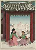 Two Korean Children Original Color Woodcut by Elizabeth Keith