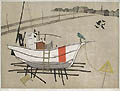 Fishing Boat and Green Crow Original Woodcut by the Japanese Artist Fumio Kitaoka