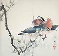A Waterfowl Study Mandarin Ducks under a Flowering Plum Branch Original Woodcut by the Japanese artist Tsukioka Kogyo