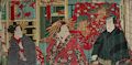 Three Actors in a Kabuki Play Original Woodcut Triptych by the Japanese artist Toyohara Kunichika