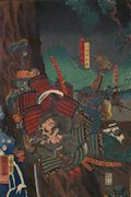 The Battle of Kurikara-dani Series Hokkuku O-Kassen Two Warriors in Combat Original Woodcut by the Japanese artist Ichiyasai Kuniyoshi