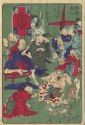 Setsubun Mame maki Oni wa Soto Fuku wa Uchi Bean Throwing Spring Festival Get Out Demons Come in Good Fortune Original woodcut by the Japanese artist Kawanabe Kyosai Gyosai from the One Hundred Pictures by Kyosai Hyakuzu