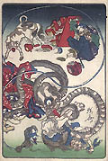 Nagai mono ni wa makarero Resistance is futile Japanese Mythology and Proverbs Original woodcut by the Japanese artist Kawanabe Kyosai Gyosai from the One Hundred Pictures by Kyosai Hyakuzu