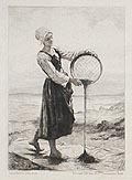 Jeune Bretonne Vannant du Ble Noir au Bord de la Mer, Salon de 1874 Young Bretonne Winnowing Buckwheat at the Seaside Original Etching by the French artist Frederic Auguste Laguillermie published for L'Eau-Forte en 1875 by A Cadart