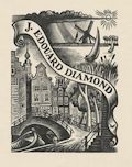 Ex Libris J. Edouard Diamond Dutch Scenes Bridge over Canal in Amsterdam Gabled Buildings a Windmill and Sailboats Original Wood Engraving by the Russian French artist Valentin Le Campion