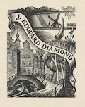 Ex Libris J. Edouard Diamond Dutch Scenes Bridge over Canal in Amsterdam Gabled Buildings a Windmill and Sailboats Original Wood Engraving by the Russian French artist Valentin Le Campion